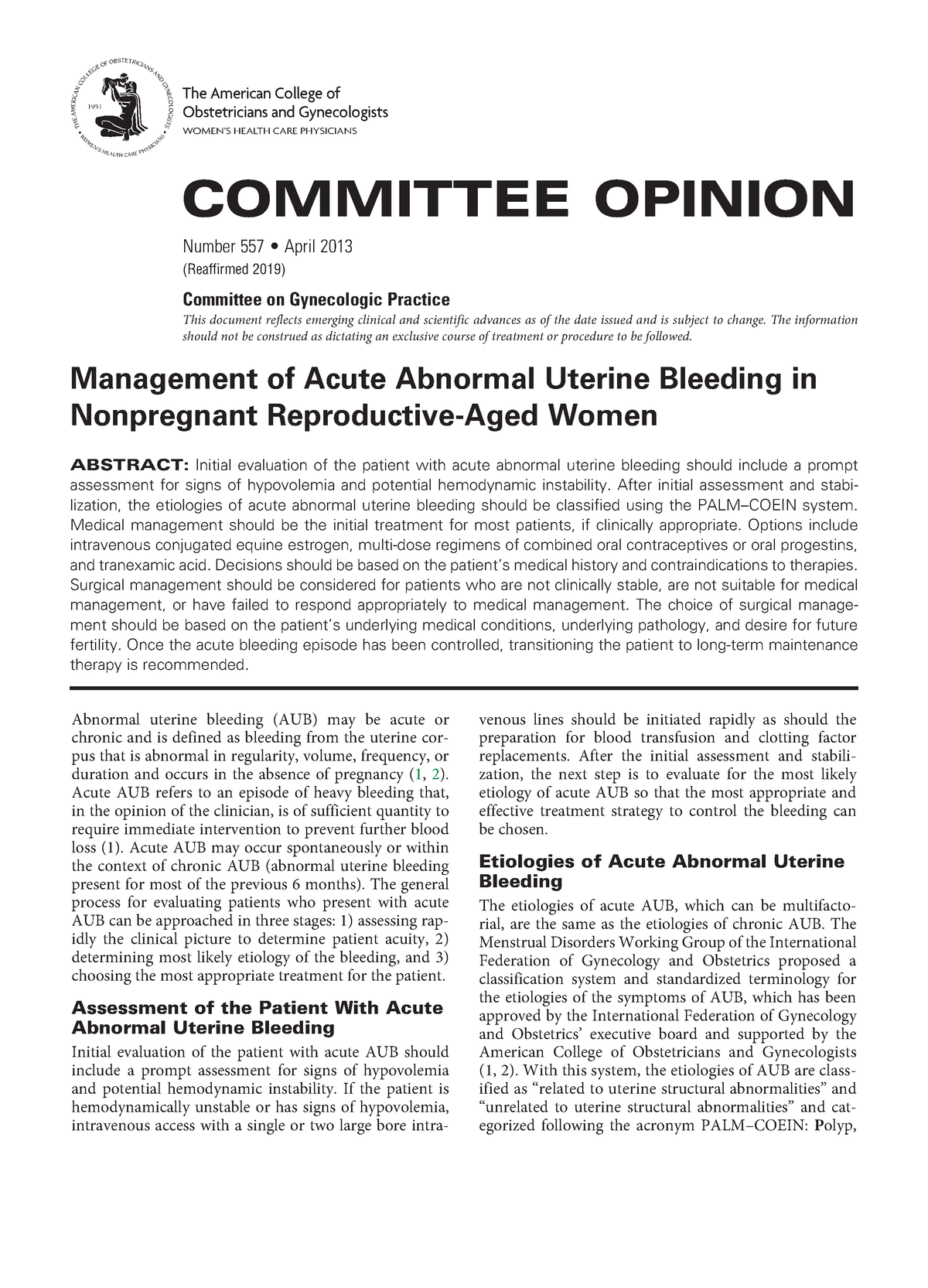 Management of Acute Abnormal Uterine Bleeding - After initial ...