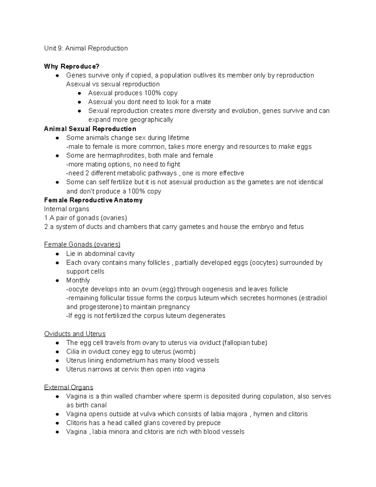 Bio Unit 9 - Rewritten Notes Using Book And Lectures - Unit 9: Animal ...