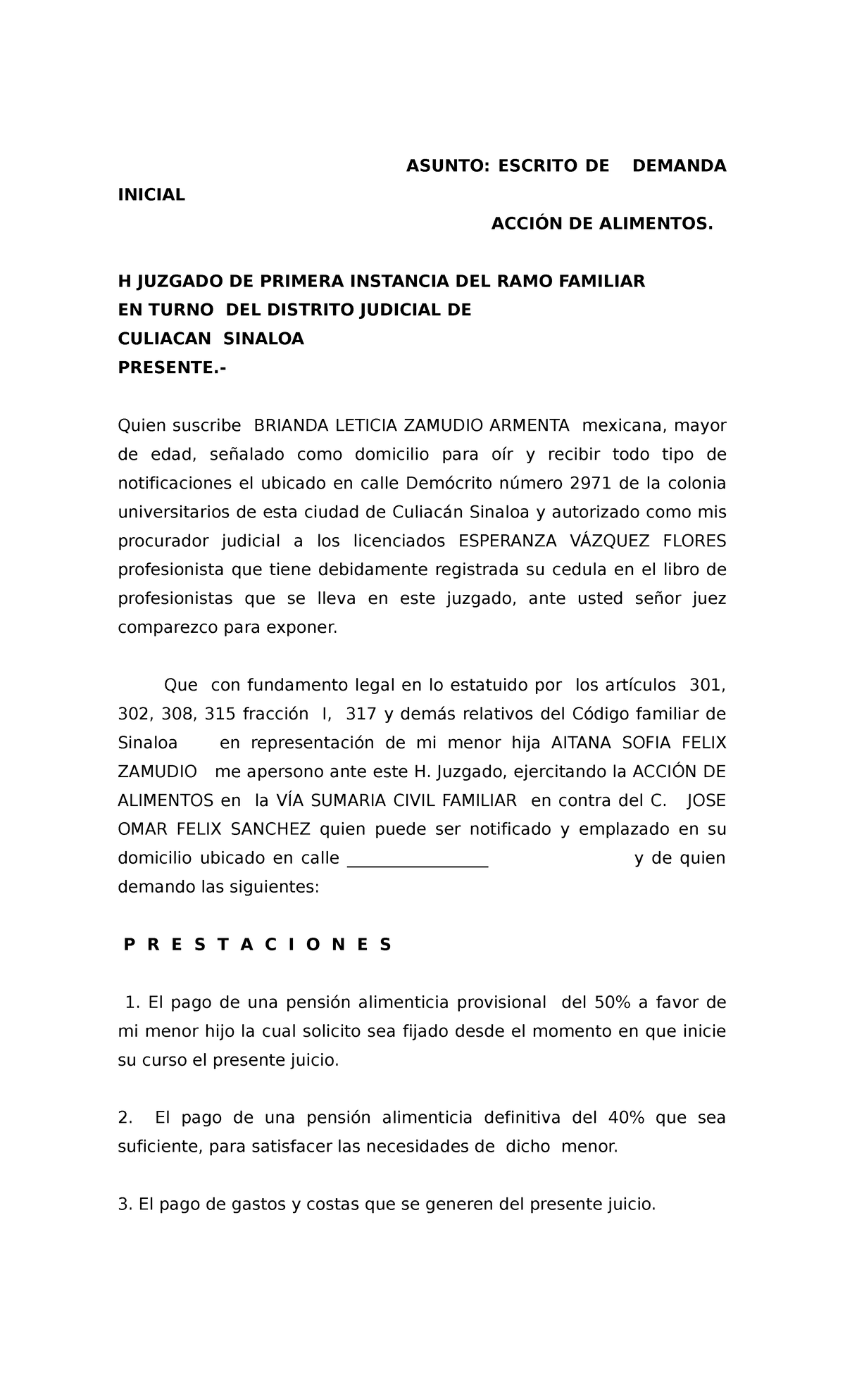 Alimentos brianda - ASUNTO: ESCRITO DE DEMANDA INICIAL ACCIÓN DE ...