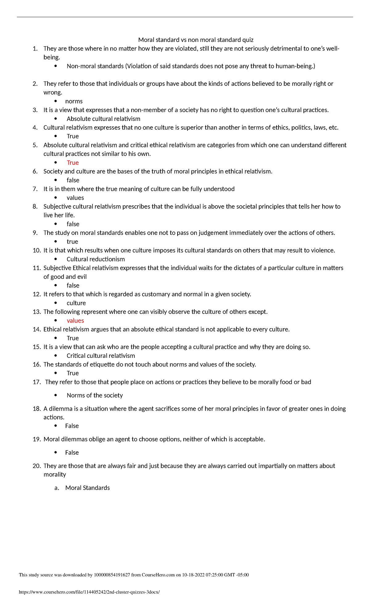 2nd cluster quizzes 3 - Moral standard vs non moral standard quiz They ...