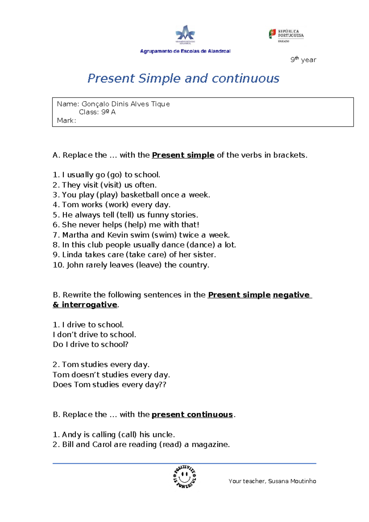 9º ano - Present Simple and Present Continuous - assessment email - 9 ...