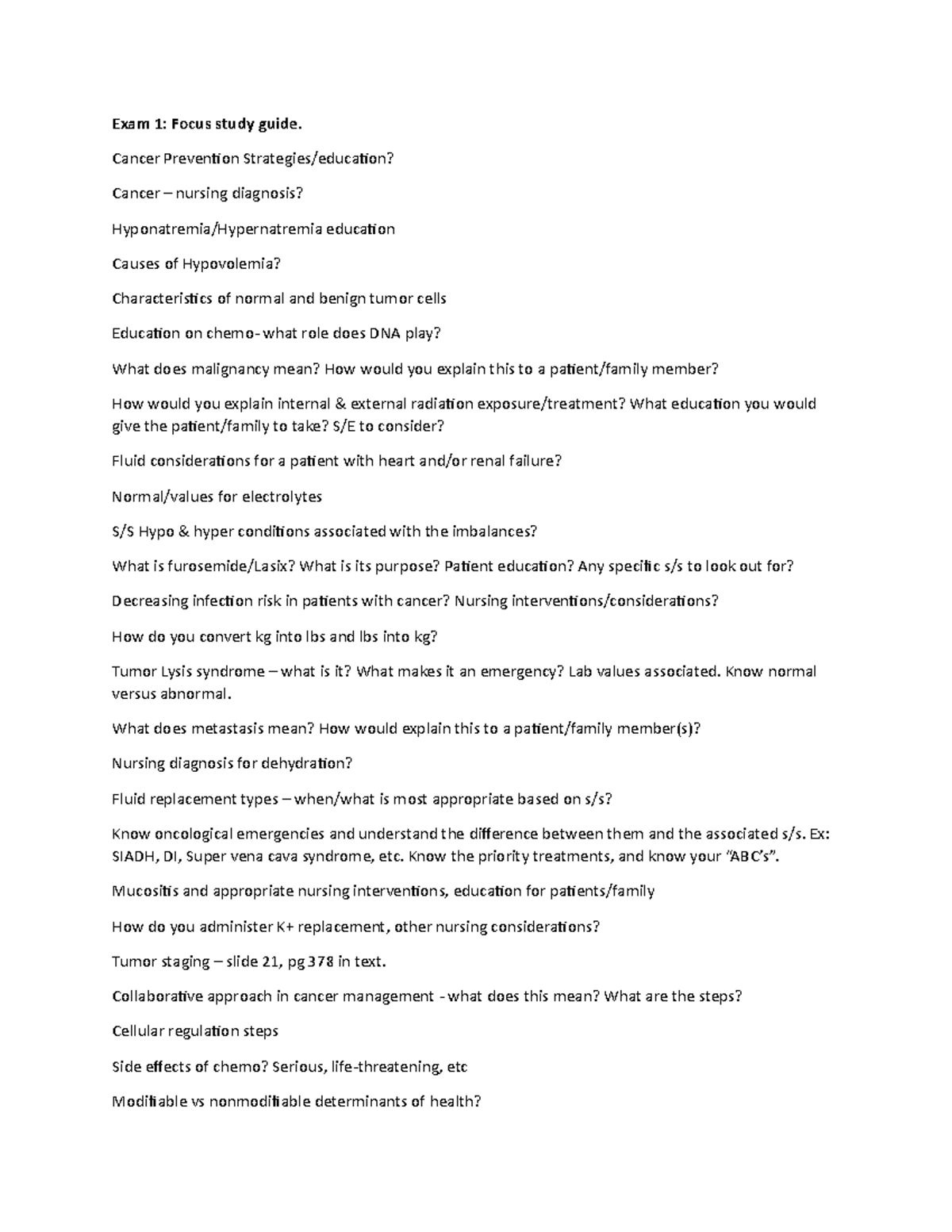 Focus Study Guide - Exam 1 - Exam 1: Focus study guide. Cancer ...