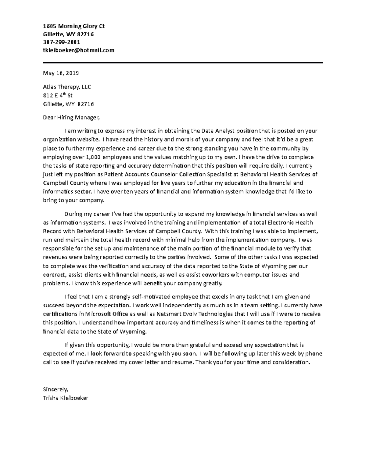 Business Communication C716 Cover Letter - 1605 Morning Glory Ct ...