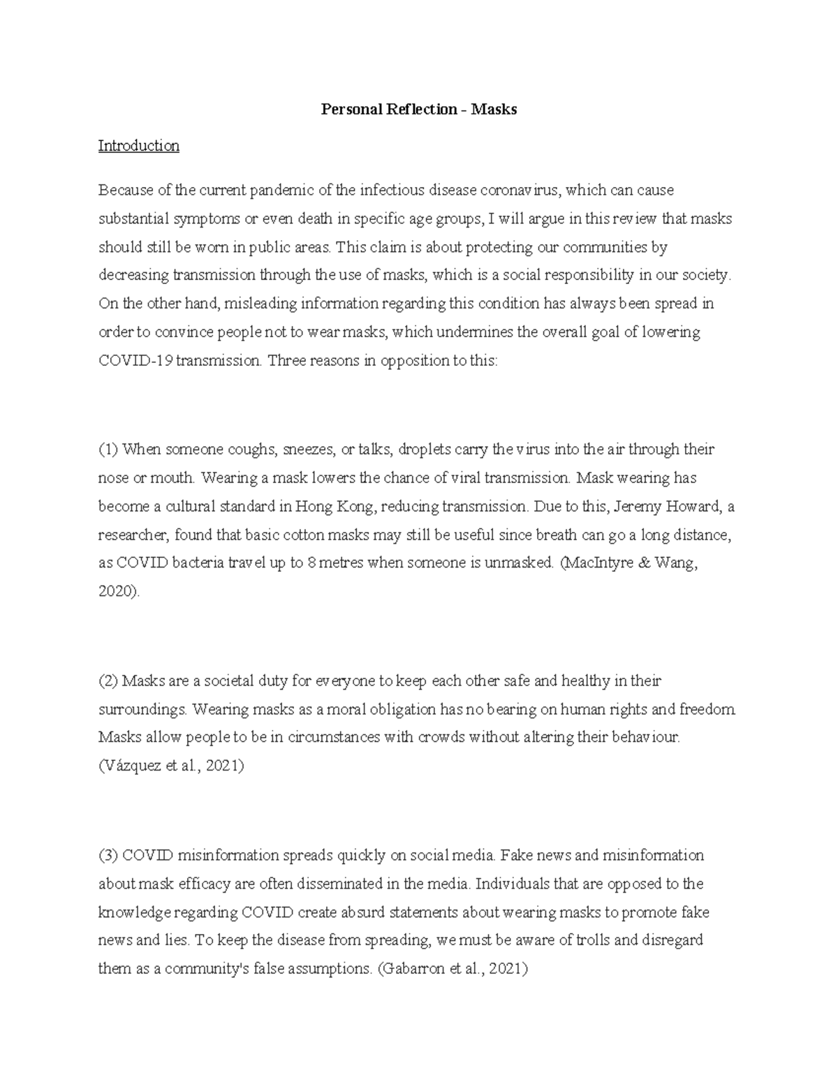 Personal Argument - Final Completed - Personal Reflection - Masks ...