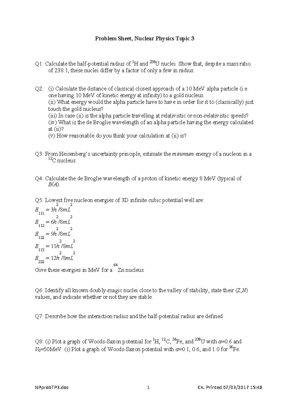 NPprob TP 3 - Problem Sheet, Nuclear Physics Topic 3 - ! NPprobTP3! 1 ...