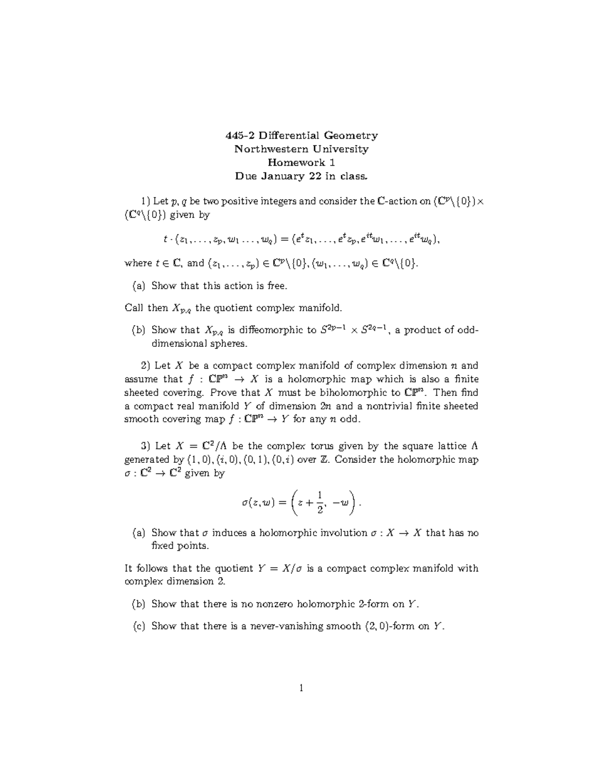 445 2 Differential Geometry Homework 1 Studocu