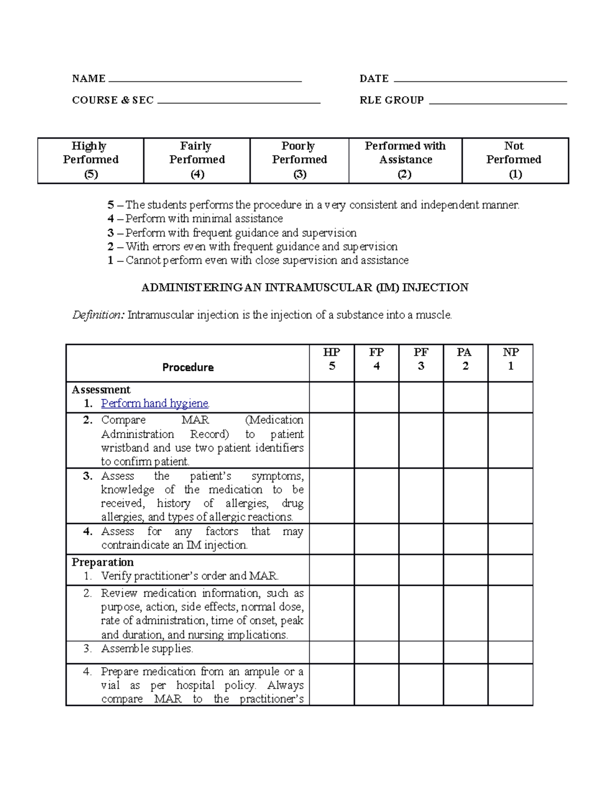 Intramuscular and Intradermal - NAME DATE COURSE & SEC RLE GROUP Highly ...