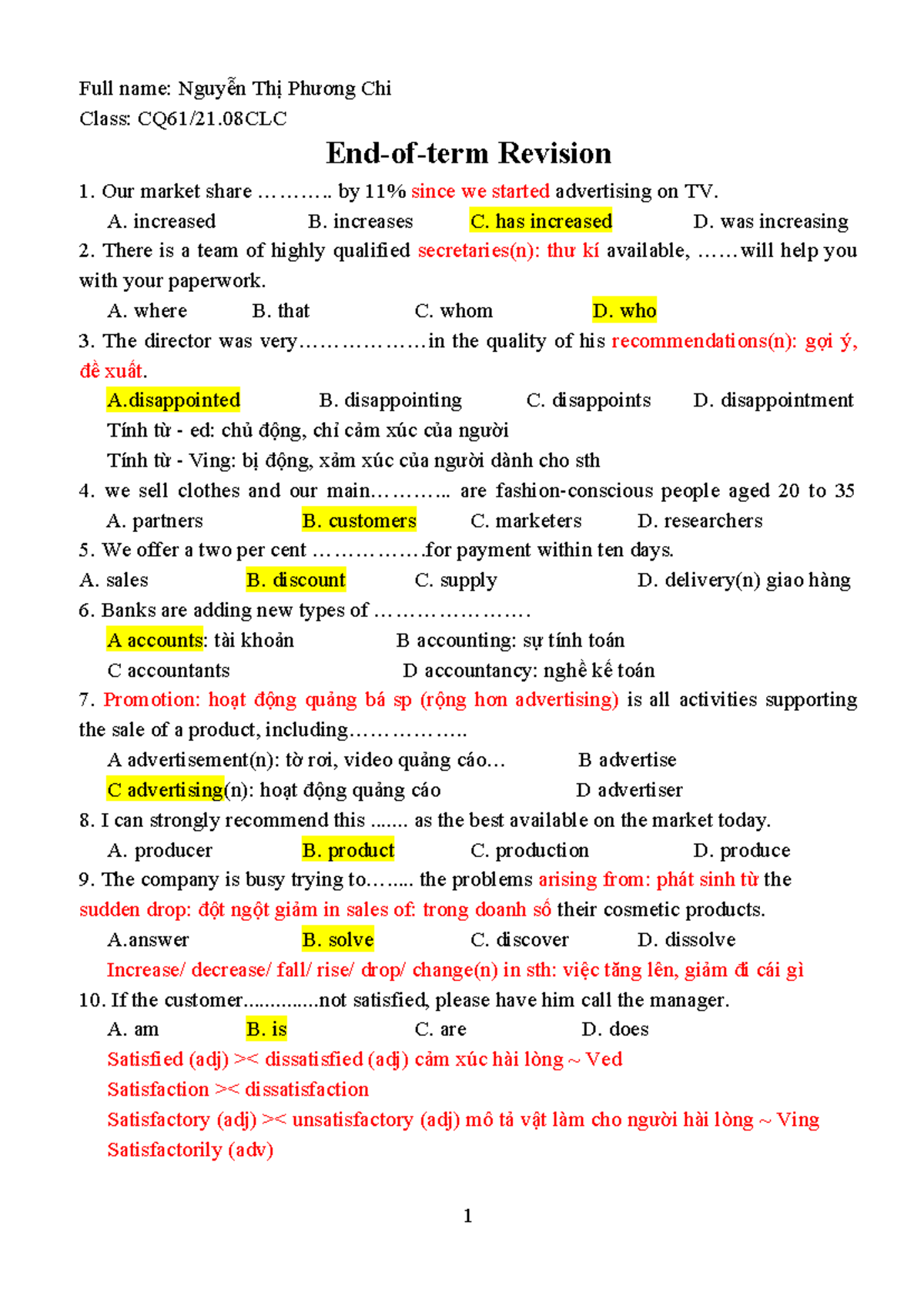 Revision multiple choice - Full name: Nguyễn Thị Phương Chi Class: CQ61 ...