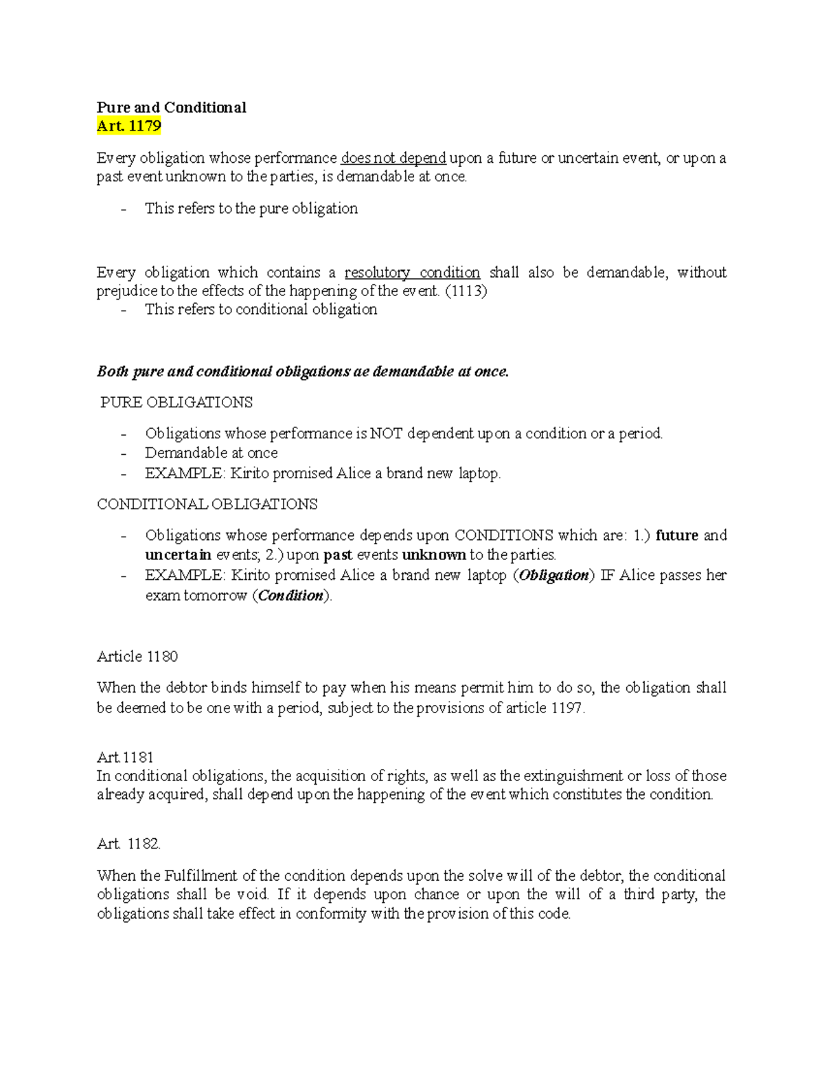 LAW Diff Kinds of Obli - Lec Notes - Pure and Conditional Art. 1179 ...