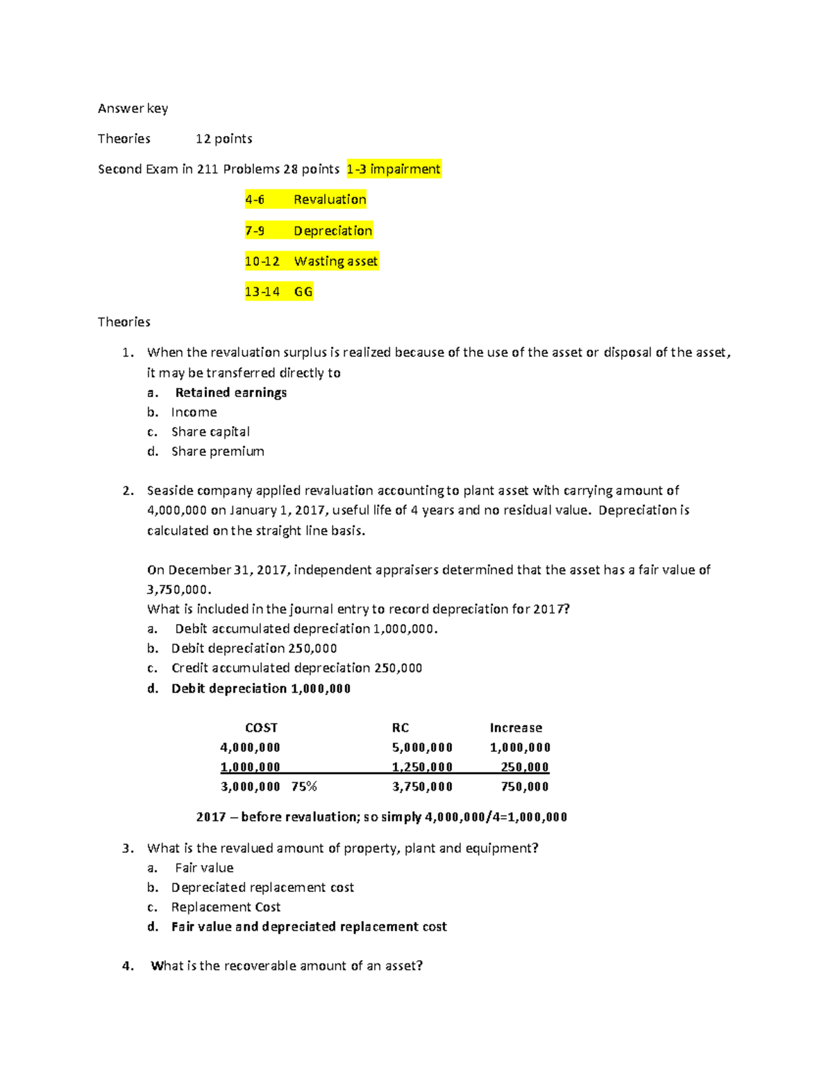 Accounting practical questions - Answer key Theories 12 points Second ...