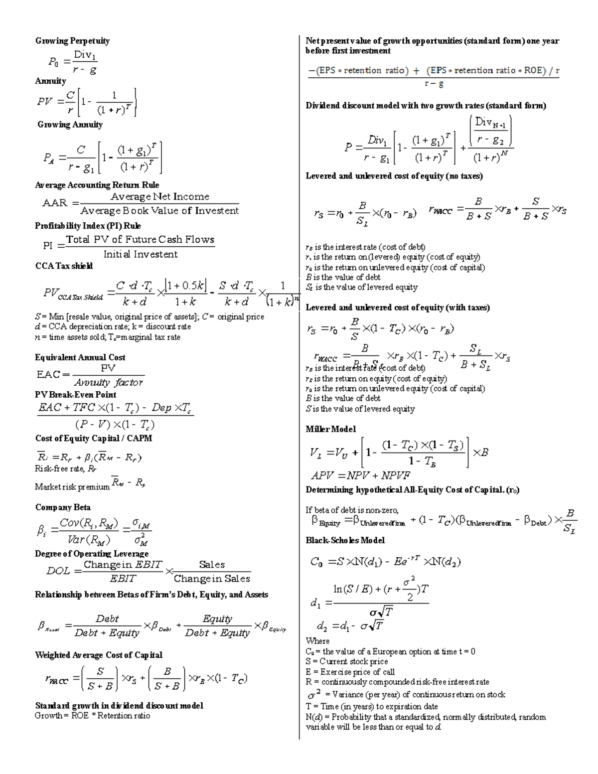 Formulasheet - formula sheet - Growing Perpetuity Net present value of ...