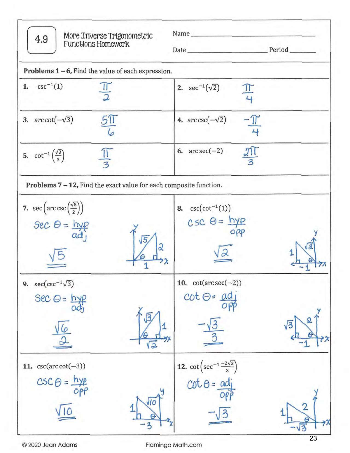 4.9 more inverse trigonometric functions homework answers