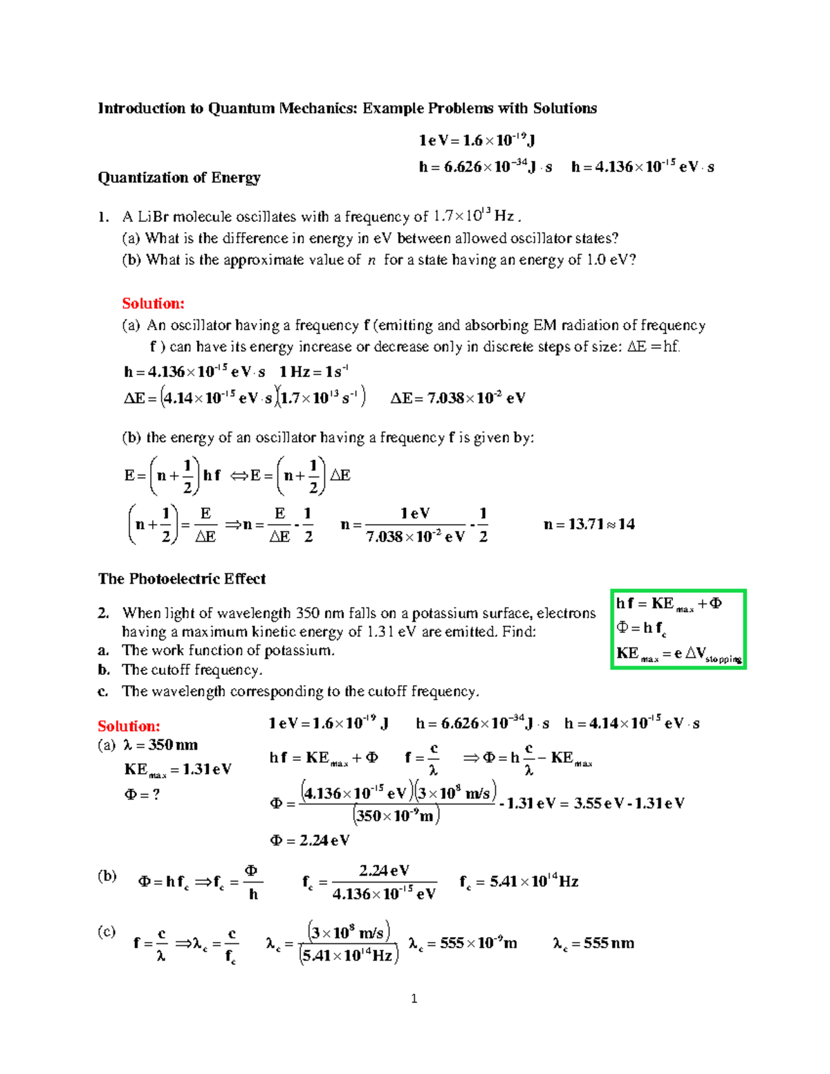 Introduction To Quantum Mechanics Example Problems With Solutions Studocu