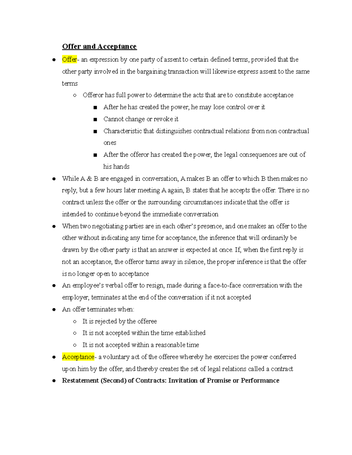 Contracts 2021 Before Class Notes Offer and Acceptance Offer an