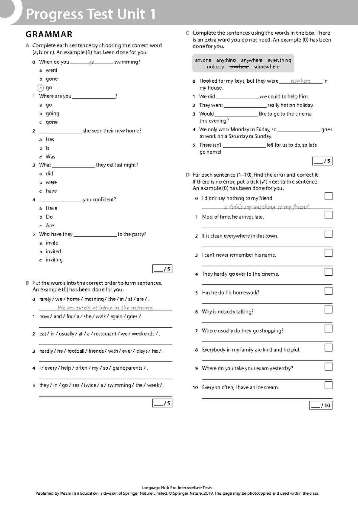 LH Pre Unit 1 - Progress Test Unit 1 Language Hub Pre-Intermediate ...