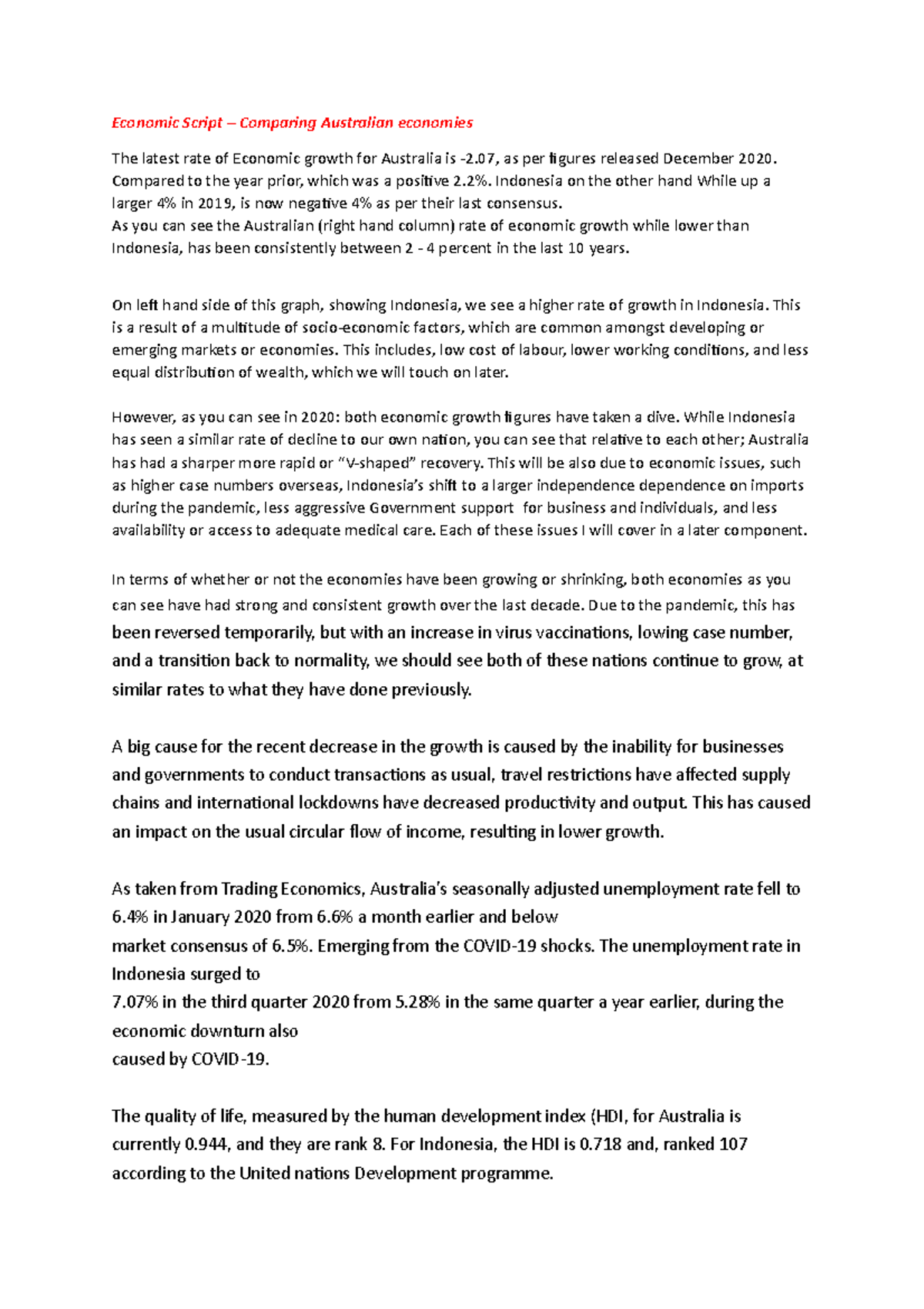 Economic Script assignemnt term 1 Economic Script Comparing