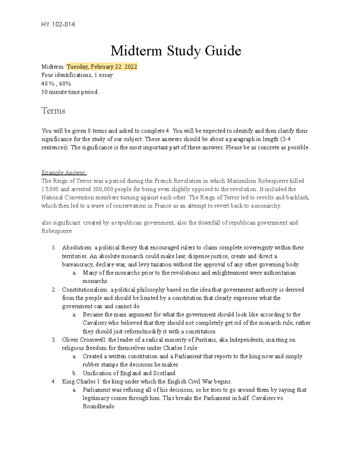 HY 102 Midterm Study Guide - Midterm Study Guide Midterm: Tuesday ...