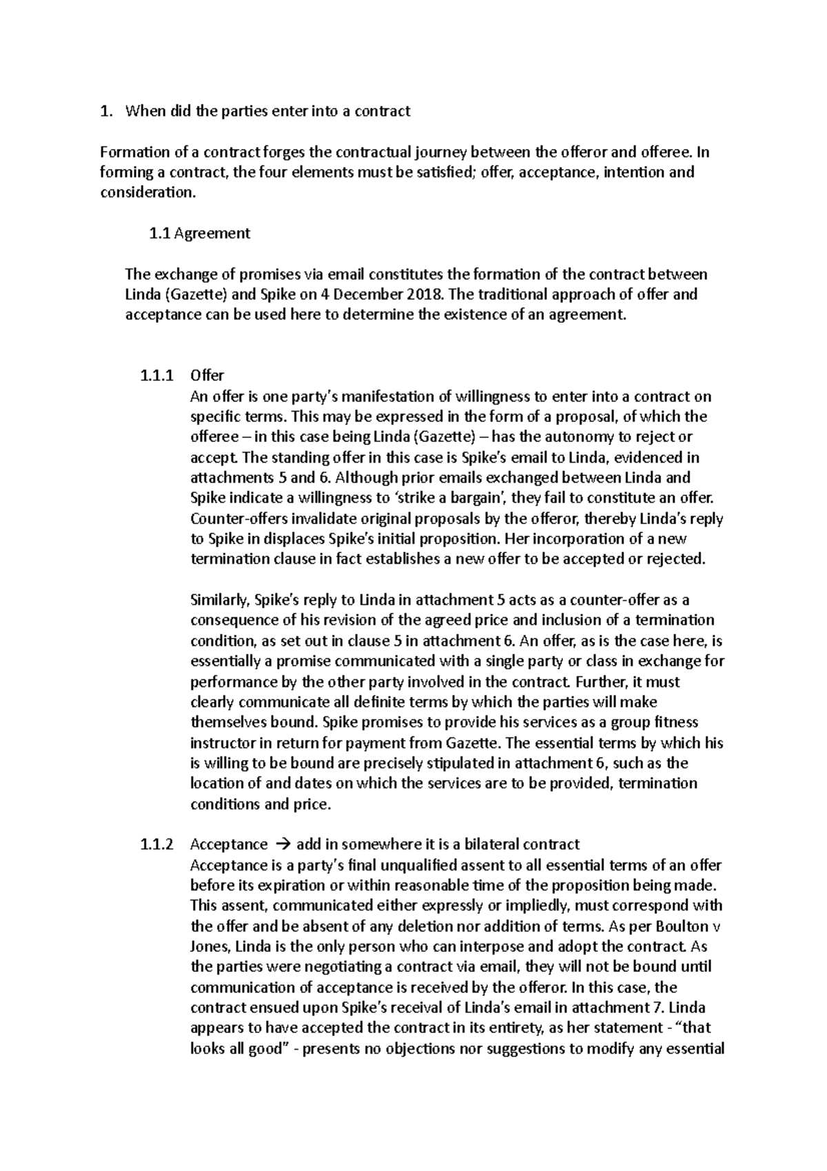 Major Written Assessment - When did the parties enter into a contract ...