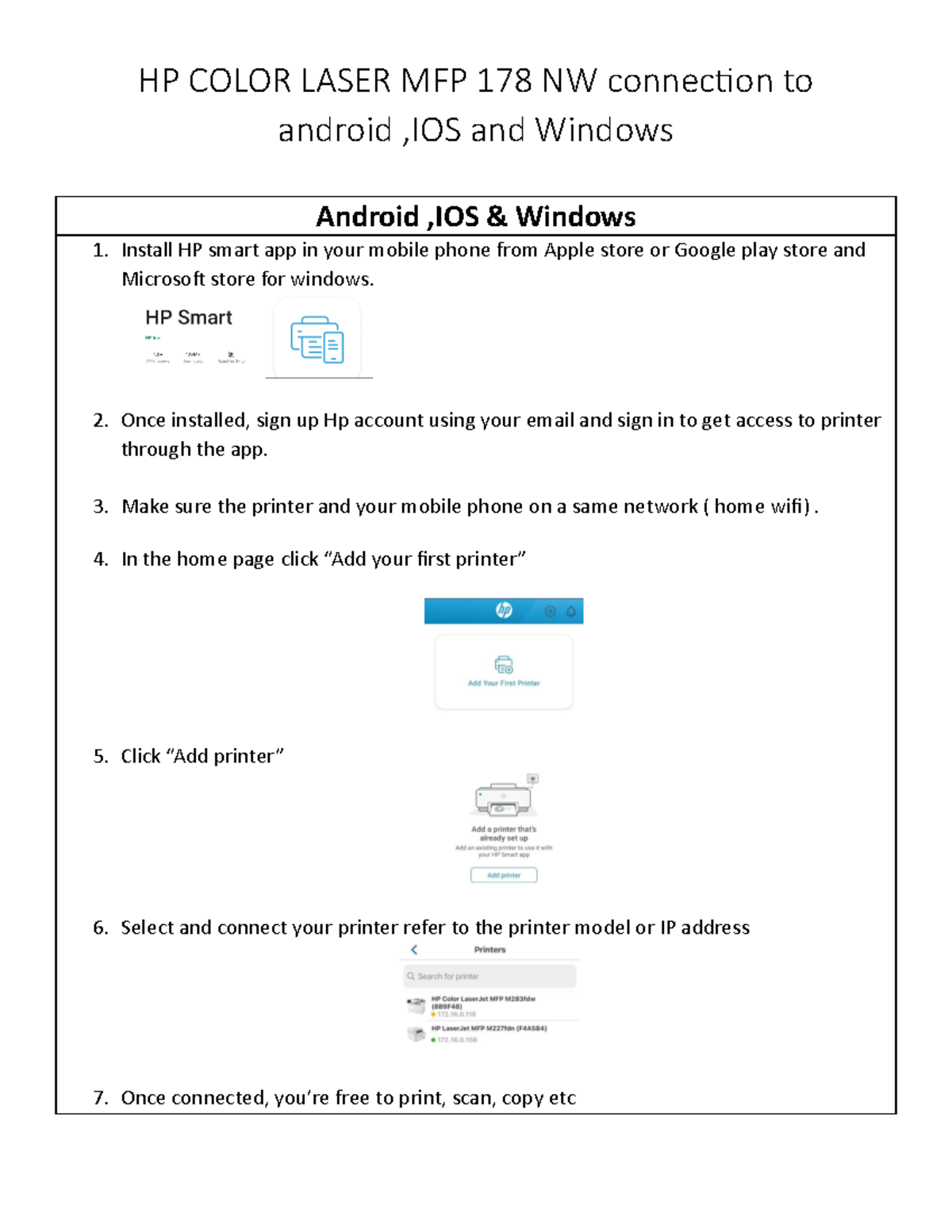 HP Smart APP - NOTES - HP COLOR LASER MFP 178 NW connection to android ...