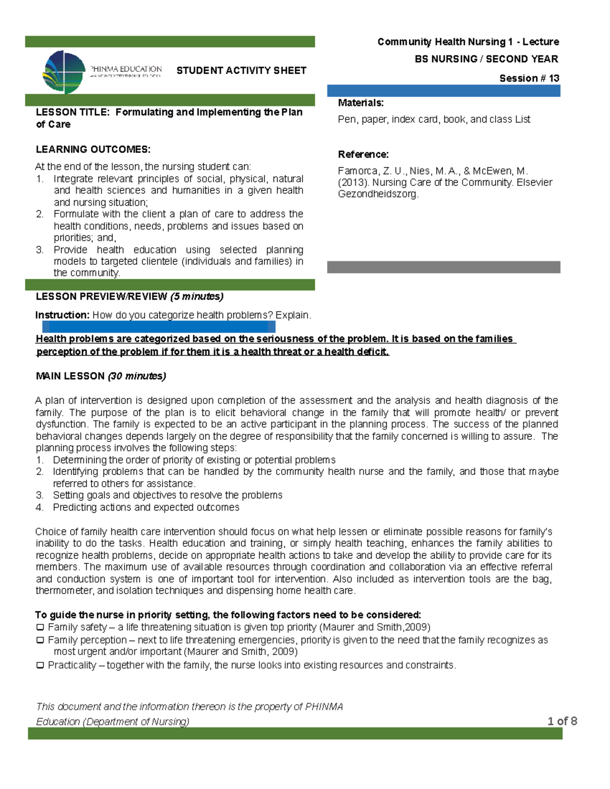 CHN1 SAS 13 - Community Health Nursing 1 - STUDENT ACTIVITY SHEET ...