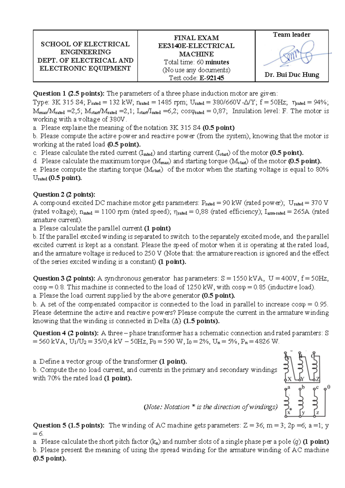 Electrical Machines Final Examination - Test 5 - SCHOOL OF ELECTRICAL ...