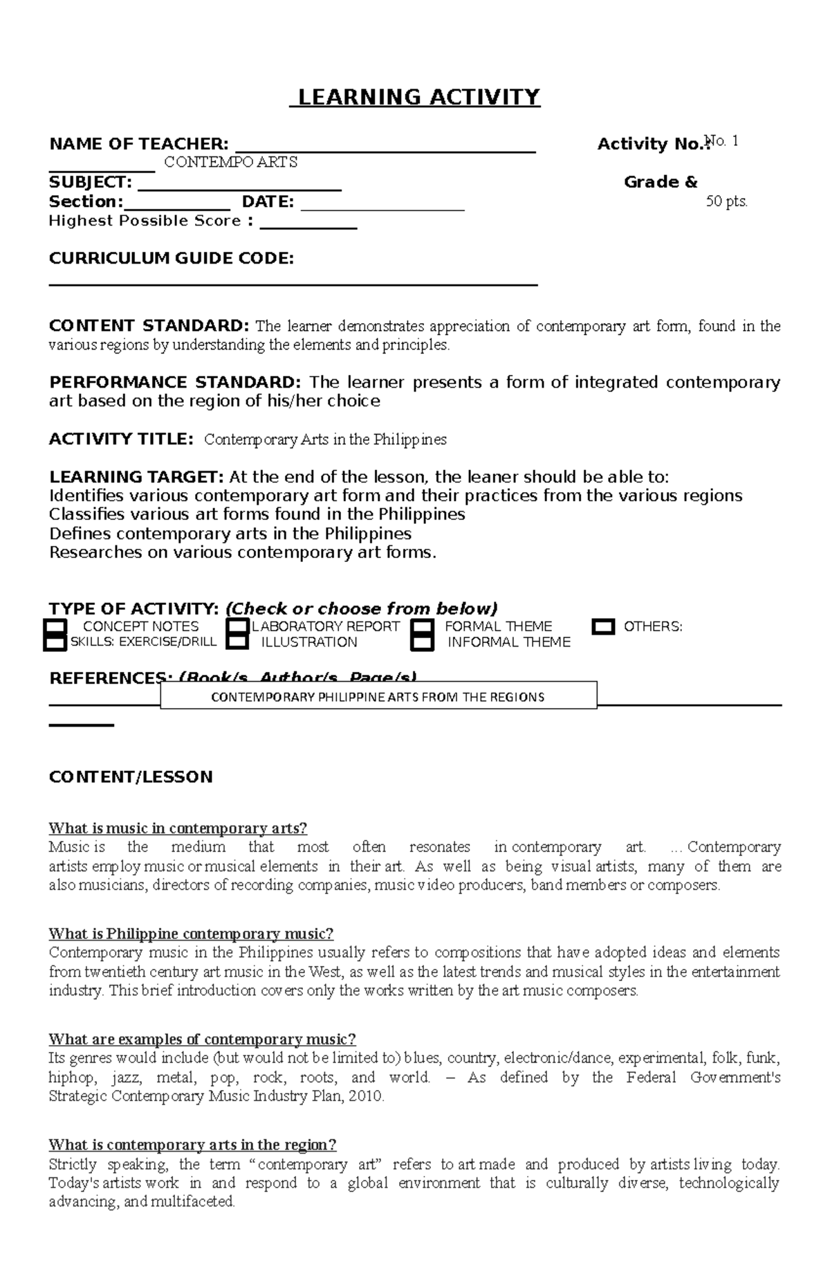 1st Modular Contempo Arts - LEARNING ACTIVITY NAME OF TEACHER