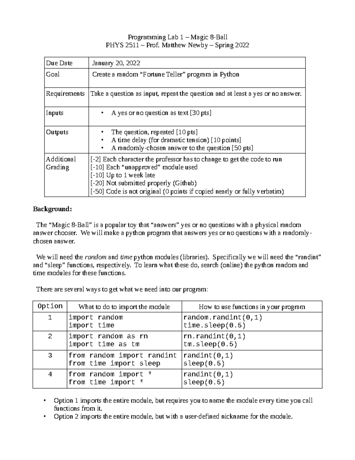 Programming Lab 1 - Matthew Newby – Spring 2022 Due Date January 20 ...