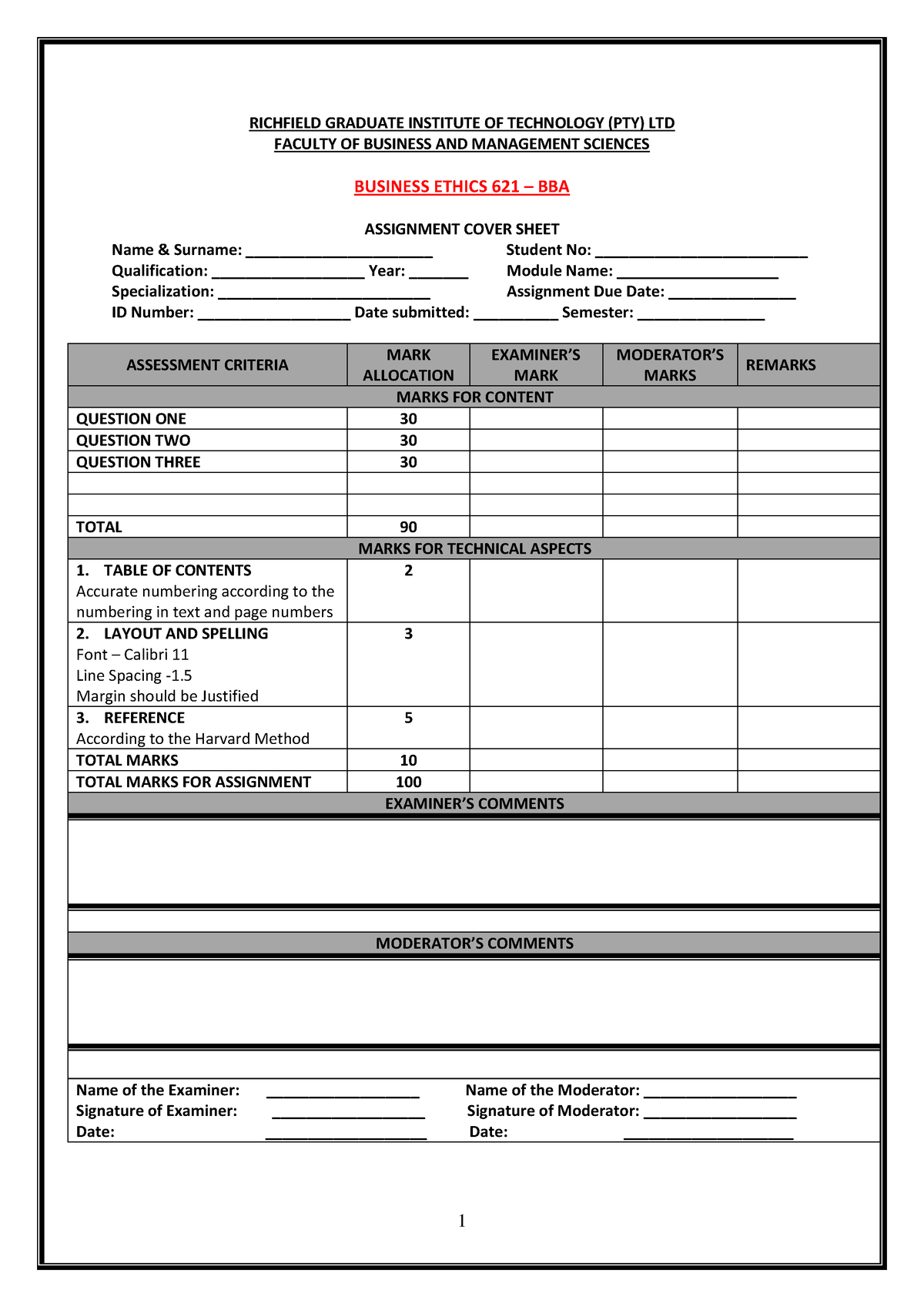 BE 621 Assignment - RICHFIELD GRADUATE INSTITUTE OF TECHNOLOGY (PTY ...