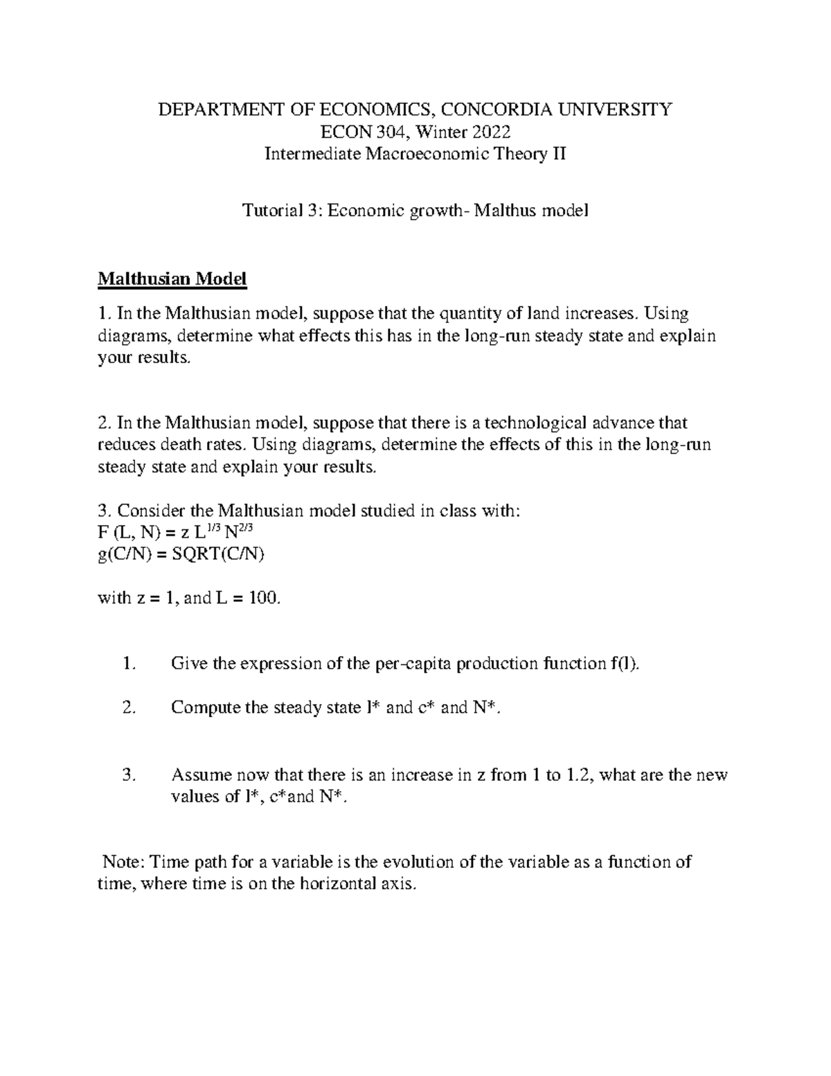 Tutorial 3 - Lecture notes 1 - DEPARTMENT OF ECONOMICS, CONCORDIA ...