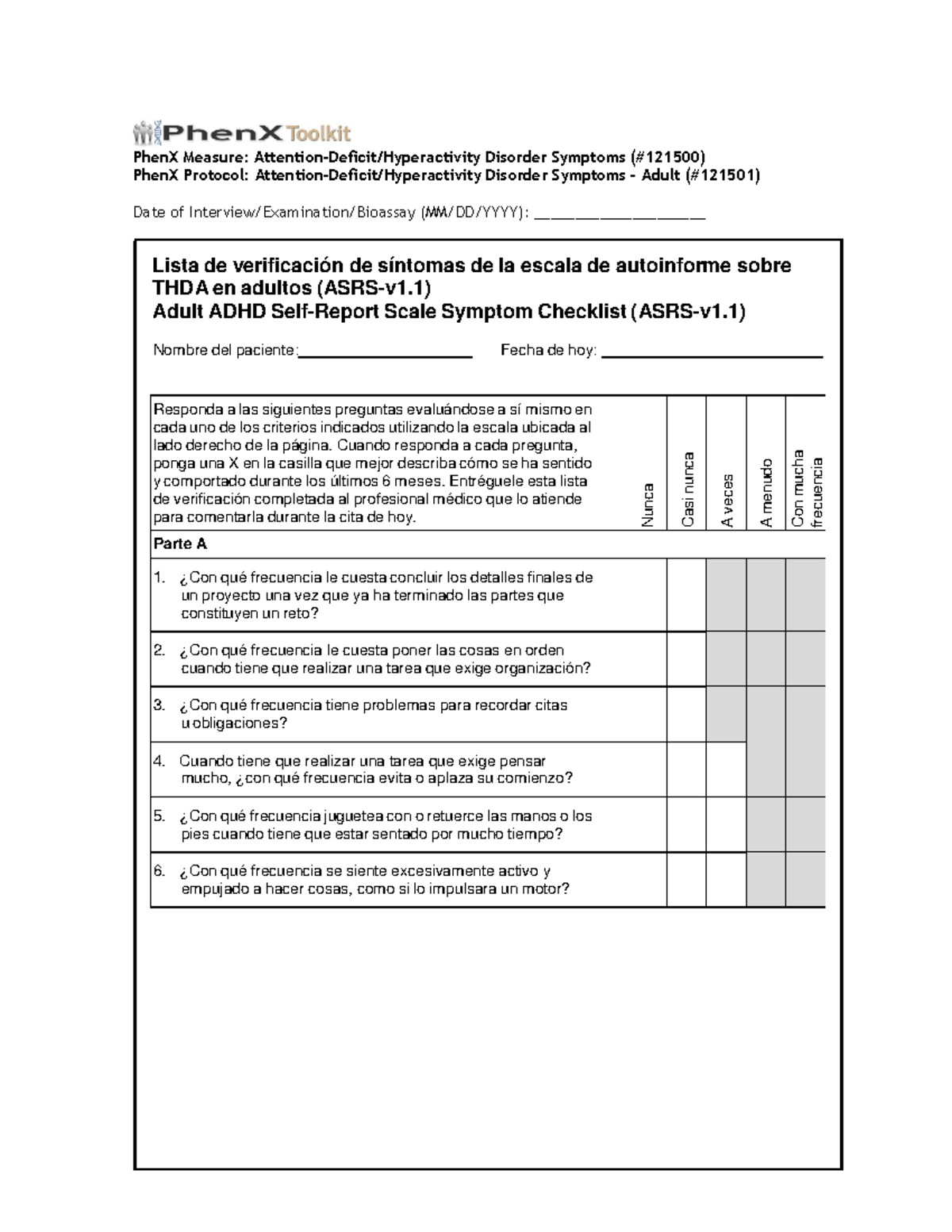 Escala ARSR - PhenX Measure: Attention-Deficit/Hyperactivity Disorder ...