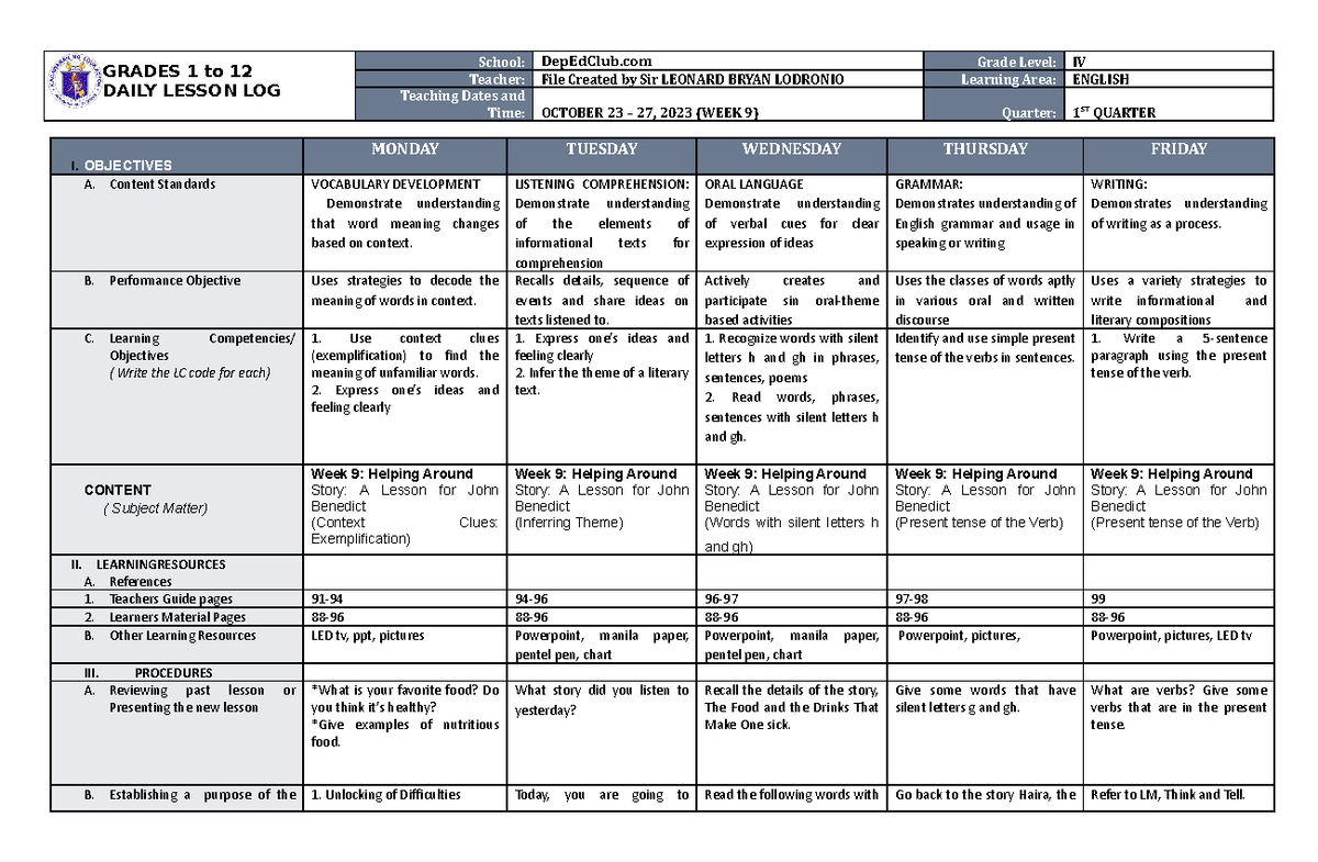 DLL English 4 Q1 W9 - GRADES 1 to 12 DAILY LESSON LOG School: DepEdClub ...