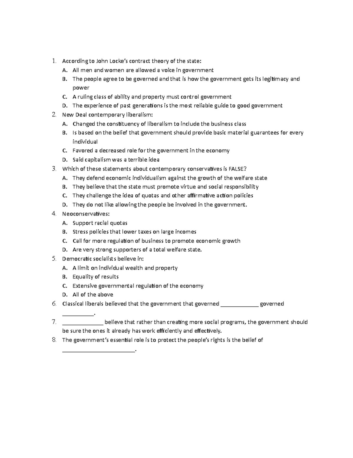 Unit 3 Review Questions 1. According to John Locke’s contract theory