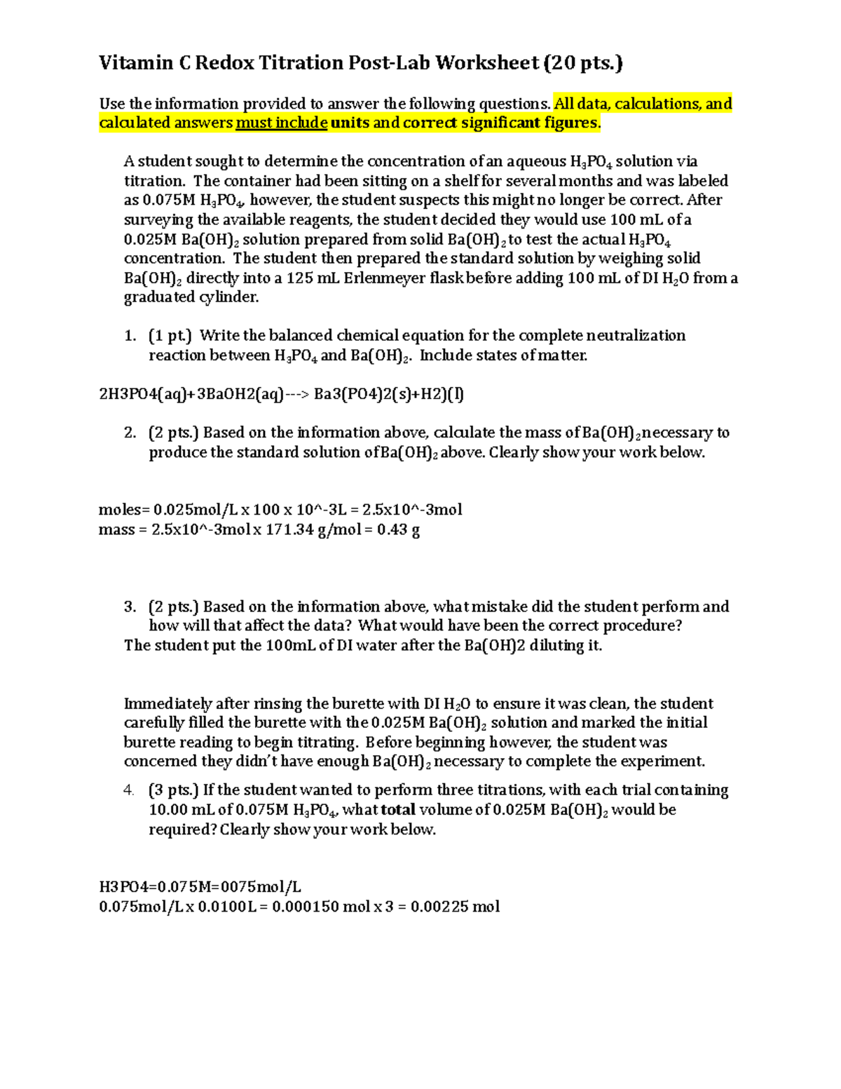 Vitamin C Redox Titration PostLab Worksheet ) Use the information provided to answer the