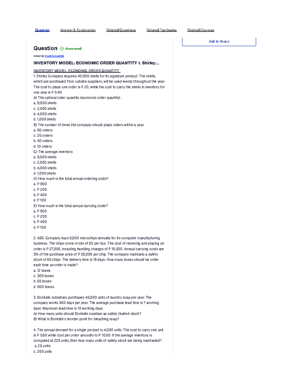 [Solved] Inventory Model Economic Order Quantity 1. Shirley Company ...