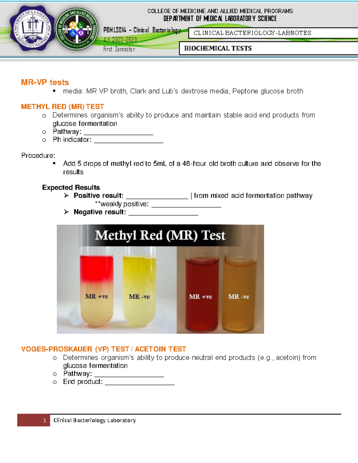 Biochem TEST PART 2 V2 - trans - MR-VP tests media: MR VP broth, Clark ...