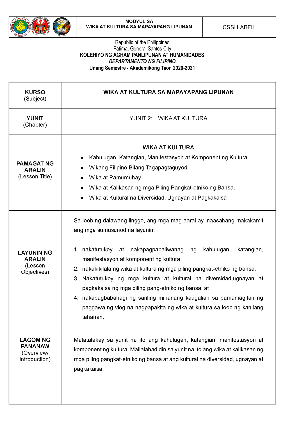 FIL 101 Modyul II - Shh - WIKA AT KULTURA SA MAPAYAPANG LIPUNAN CSSH ...