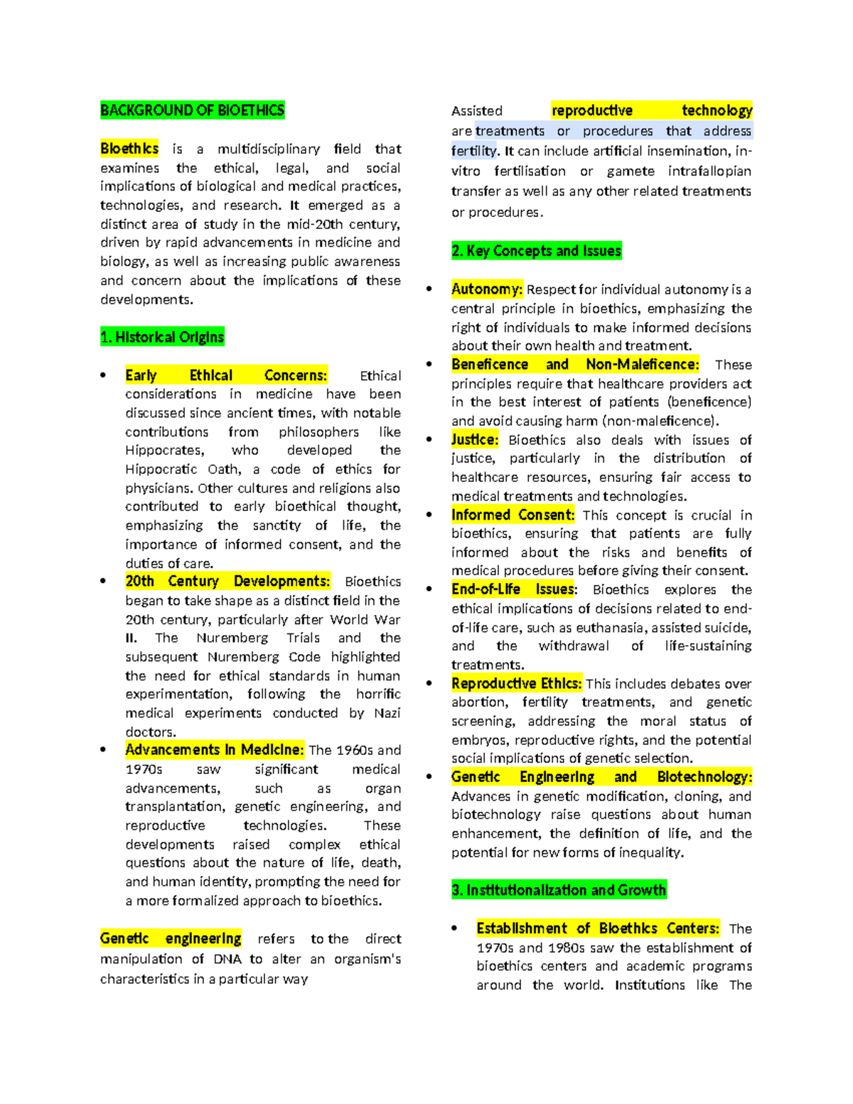 Bioethics notes 2 - BACKGROUND OF BIOETHICS Bioethics is a ...