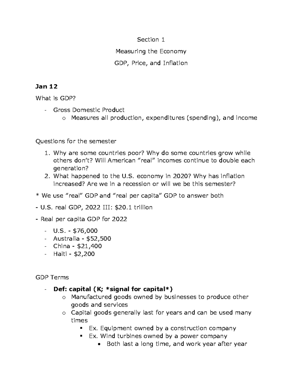 Macroeconomics (1 of Section 1) - Section 1 Measuring the Economy GDP ...