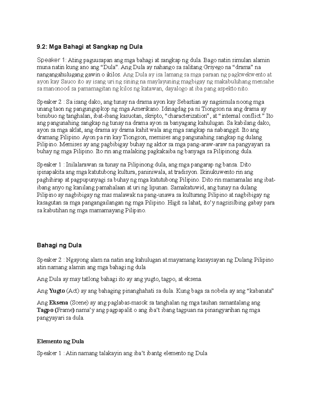 Dulaan Diskurso sa Filipino - 9: Mga Bahagi at Sangkap ng Dula Speaker