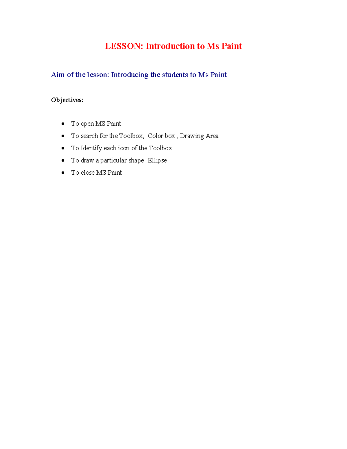 Handout Introduction TO Paints - LESSON: Introduction to Ms Paint Aim ...