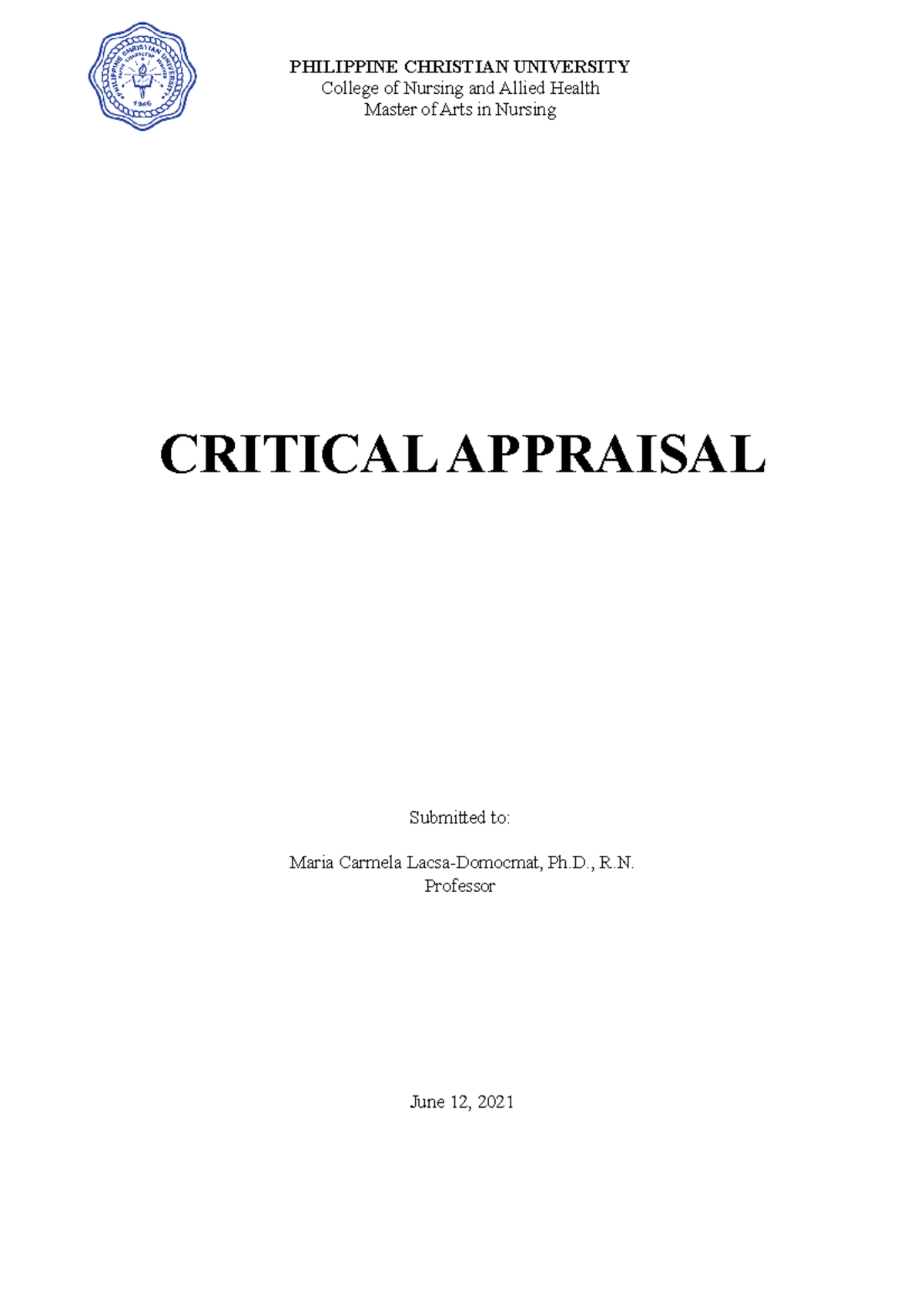 Assignment 3 - PHILIPPINE CHRISTIAN UNIVERSITY College of Nursing and ...