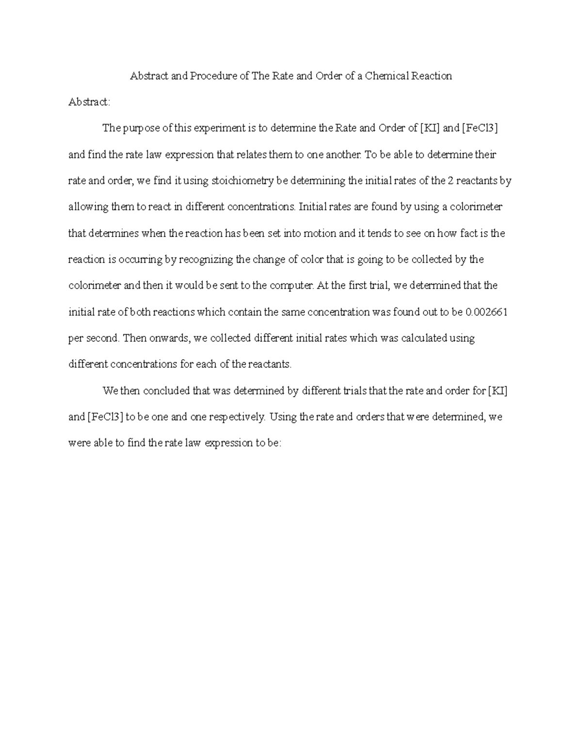 Abstract and Procedure of The Rate and Order of a Chemical Reaction ...