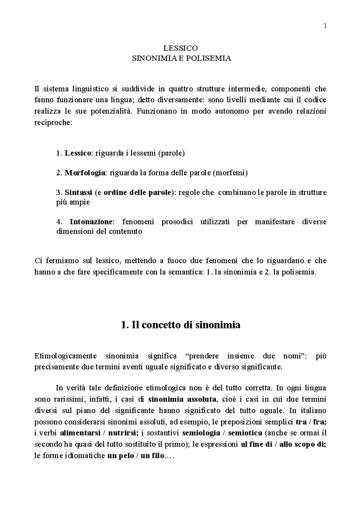 3. Lessico. Sinonimia e polisemia LESSICO