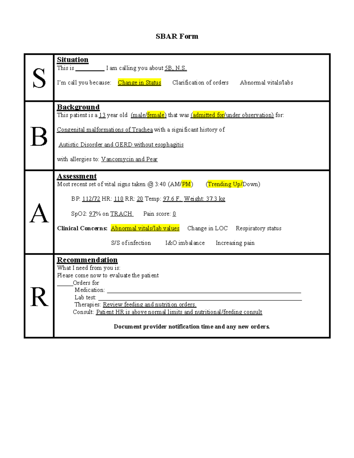 SBAR 8 - sbar - SBAR Form S Situation This is I am calling you about 5B ...