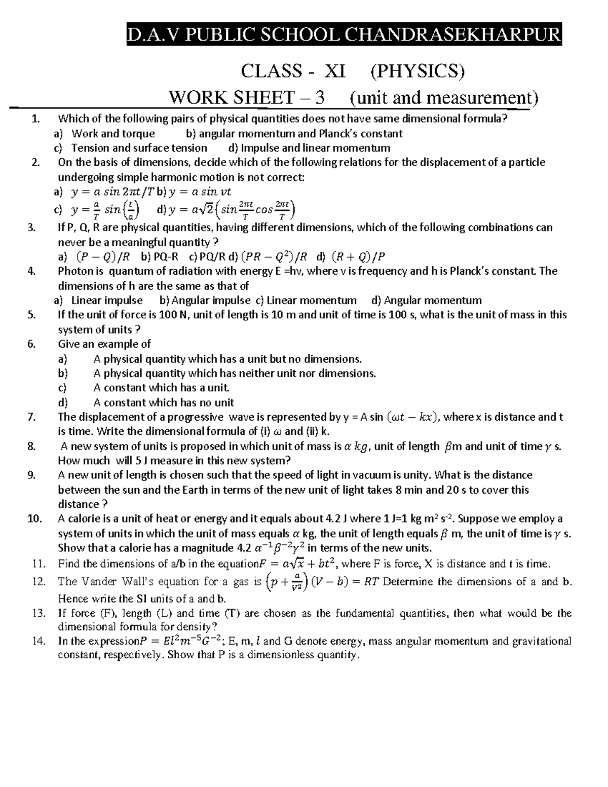 Worksheet for physics - D.A PUBLIC SCHOOL CHANDRASEKHARPUR CLASS - XI ...