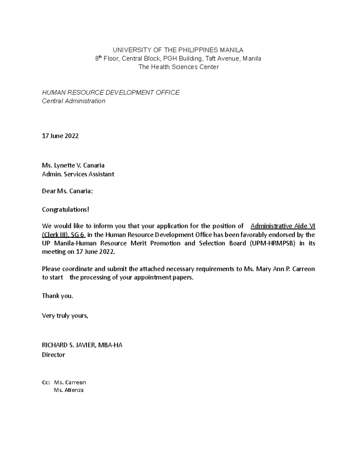 Congratulatory Letter-MS. Canaria - UNIVERSITY OF THE PHILIPPINES ...