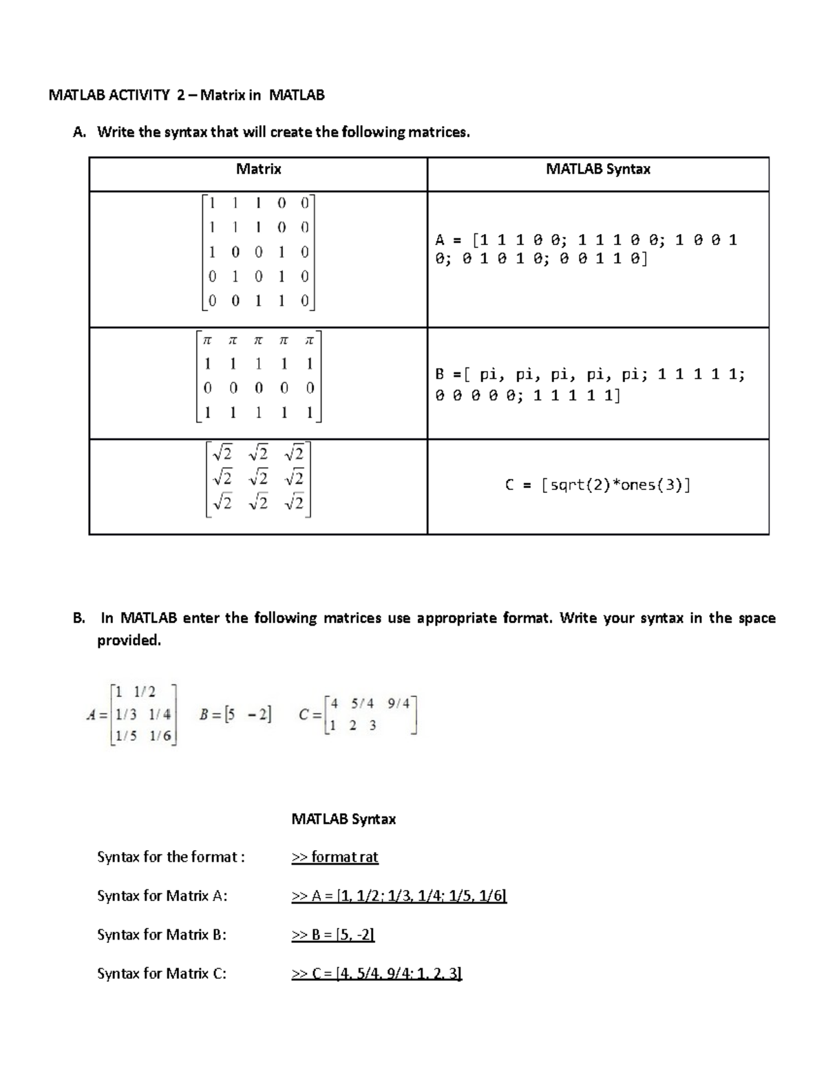 Matlab Activity (Matrices) - Fundamentals Of Matlab Programming - TIP ...