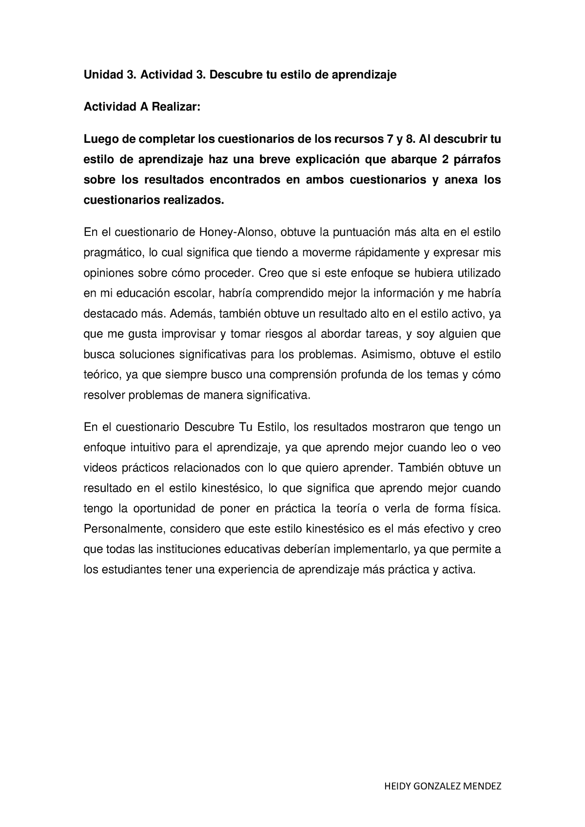 Unidad 3 Actividad 3 Descubre Tu Estilo De Aprendizaje Heidy Gonzalez Mendez Unidad 3 6892