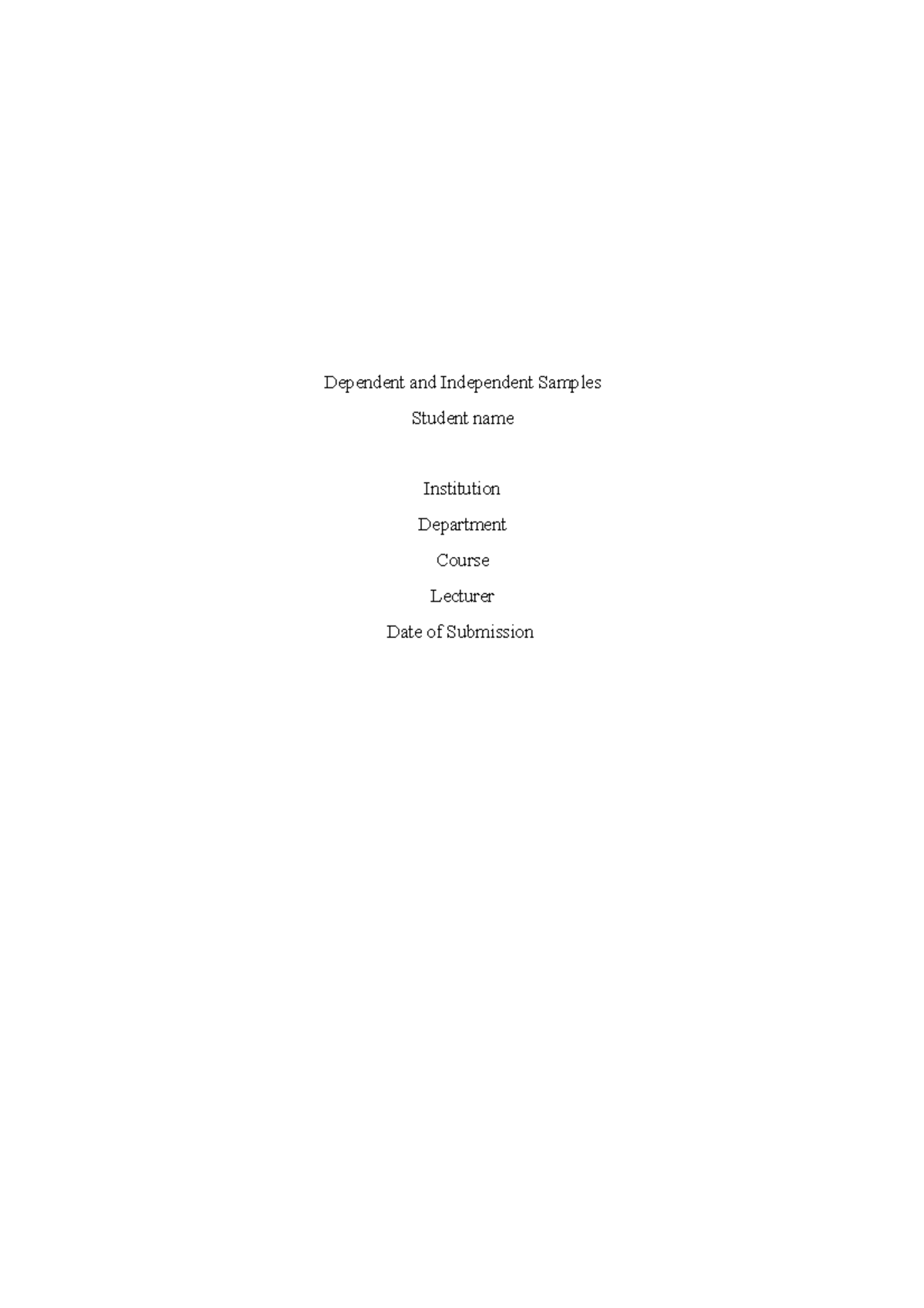Dependent and Independent Sample - Student name Institution Department ...