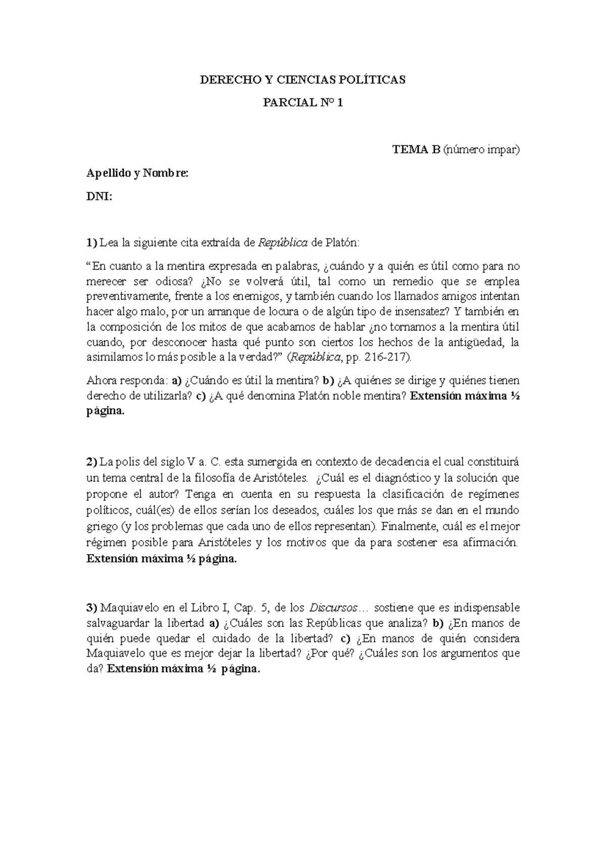 Tema B - Parcial I - 2020 2 - DERECHO Y CIENCIAS POLÍTICAS PARCIAL N° 1 ...